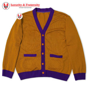 Suéter Unisex Omega Tejido a Mano en Color Oro Viejo y Morado, con Letras Bordadas para Graduación, Escuela, Universidad o Grupos de Animación - Product Image 1