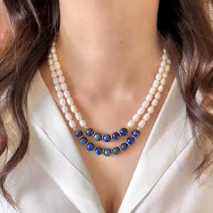 Жемчужное ожерелье Lapis Lazuli, темно-синие свадебные украшения из драгоценных камней, эффектное специальное ожерелье ручной работы - Product Image 2