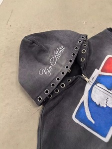 Sweat-shirt ample décontracté personnalisé avec strass, broderie, coupe ample, 100% coton tricoté, pull à capuche zippé délavé au soleil pour homme - Product Image 4