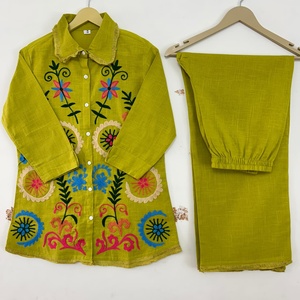 Modest Embroidery Casual Office Wear Women's Plus Size Full Sleeves <b>Suit</b> <b>Pants</b> Indian Coord <b>Pant</b> Cotton Wholesale Cord Set - Product Image 4