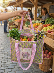 Bolsa de Mano Grande Hecha a Mano con Diseño Acolchado, Estampado de Bloques, Bolsillo con Cremallera, Estilo Femenino, Temporada Primavera Verano, Playa, Mercado - Product Image 6