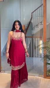 Vente en gros Orange Sequins Kurti Sharara Set Chanderi Banarasi Dupatta pour la fête de mariage Porter réception de fête et commandes personnalisées - Product Image 4