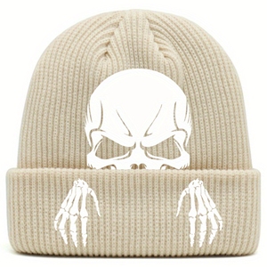 Hombres Mujeres Venta al por mayor Halloween Personalizado jacquard Invierno Tie-Dye Knit Beanie Hat Acrílico Cálido Slouchy Skull Cap con cuero - Product Image 2