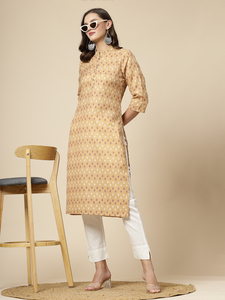 Tendance estivale : Robe élégante pour femme en coton, col rond, coupe droite, couleur beige, style indien traditionnel, lavable, OEM - Product Image 6