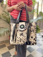 Sac fourre-tout en cuir de vachette pour femme avec fermeture éclair, style western écologique, à franges, nouvelle collection, multi-usage, design en cuir de cheval