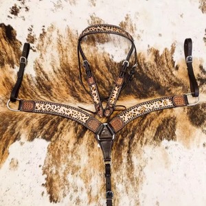 Conjunto de tachuelas de caballo vaquera con estampado de guepardo de cuero genuino ligero de temporada estilo occidental incluye peto con flecos - Product Image 1