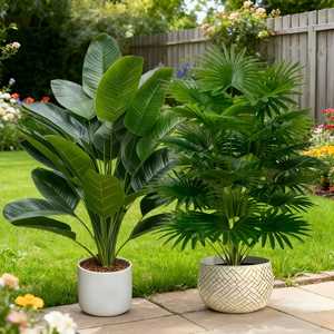 Ensemble de 2 plantes artificielles tropicales, feuilles de bananier et palmier éventail, grandes plantes d'intérieur, sans pot, décoration intérieure et extérieure - Product Image 5