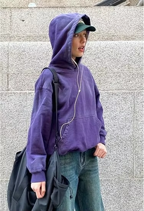 Hoodies Pull Femmes Automne Lavage À L'acide Plain Preppy Hoodie Streetwear Coton Vintage Sweat À Capuche - Product Image 6