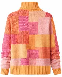 Pull en tricot patchwork à col roulé pour femme, personnalisé, de qualité supérieure, doux, chaud, pull d'hiver décontracté, haut tendance, orange, rose, multicolore - Product Image 2