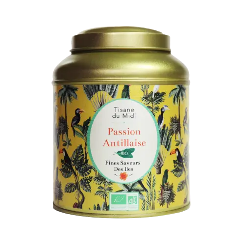 פיין סאוורס דס איילס תה צמחים צהריים קאריבי פסיון ביו מתכת קופסא 100 גרם פירות אקזוטיים מיובשים