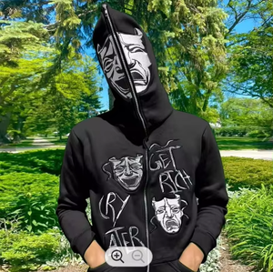 Streetwear Graffiti Hoodie 100% Coton Éponge Française Gris Hoodies Personnalisé Détresse Broderie Lavage À L'acide Zip up pour Hommes - Product Image 2