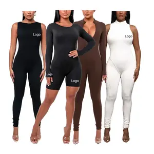 Pakaian Jumpsuit wanita satu potong seksi Jumpsuit wanita lengan panjang polos pakaian Jumpsuit celana Romper olahraga ritsleting setelan Badan Logo kustom wanita