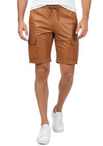 Pantalones Cortos Cargo de Cuero Genuino para Hombre con Cintura Elástica con Cordón, Color Marrón Claro, para Uso Diario, Ropa de Calle Moderna - Product Image 4