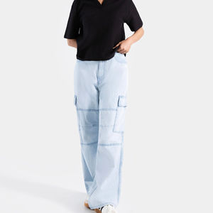 Waisted <b>Stretch</b> Flare <b>Jeans</b> <b>Women</b> Casual Korean Style Pants High Pocket Wholesale Rate Available - Product Image 3