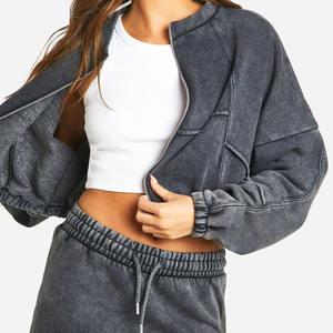 ชุดเสื้อสเวตเตอร์แขนยาวของผู้หญิงเสื้อครอปมีฮู้ดแบบวินเทจชุดเสื้อผ้าคู่ดีไซน์สีพื้นซักได้ตามต้องการ - Product Image 4