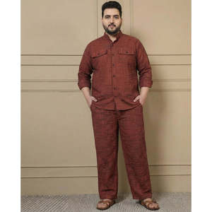 Amanush <b>Men's</b> Brown Cotton Plus Size Co-Ord Set Textured Plaid Mandarin Collar Full Sleeve Shirt With Pant Casual Wear Outfit - Product Image 1