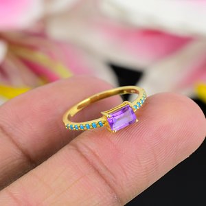 Bague fine en argent sterling 925 plaqué or vintage Améthyste naturelle et pierre précieuse turquoise Bijoux de mariage et de fête à la mode - Product Image 2