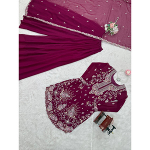 Belle traditionnelle indienne pakistanaise fausse Georgette Kurti Shalwar Kameez ensemble moderne élégant vêtements prêt à porter nouveau vente en gros - Product Image 4