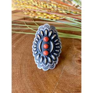 Leander Tahe Coral & <b>Sterling</b> <b>Silver</b> Concho <b>Ring</b> Bezel Set <b>Adjustable</b> Size 8 Everyday Wear - Product Image 1
