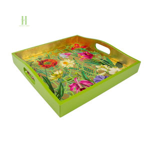 Plateau de service bohème en bambou laqué floral fait à la main, écologique, finition or vert, décoration de la maison et de la cuisine, cadeaux - Product Image 2