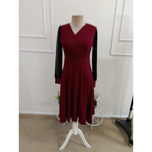 Robe midi en viscose pour femme à manches longues, col enroulé, détail manches en tulle et embellissements en perles, 37460 - Bourgogne - Product Image 4