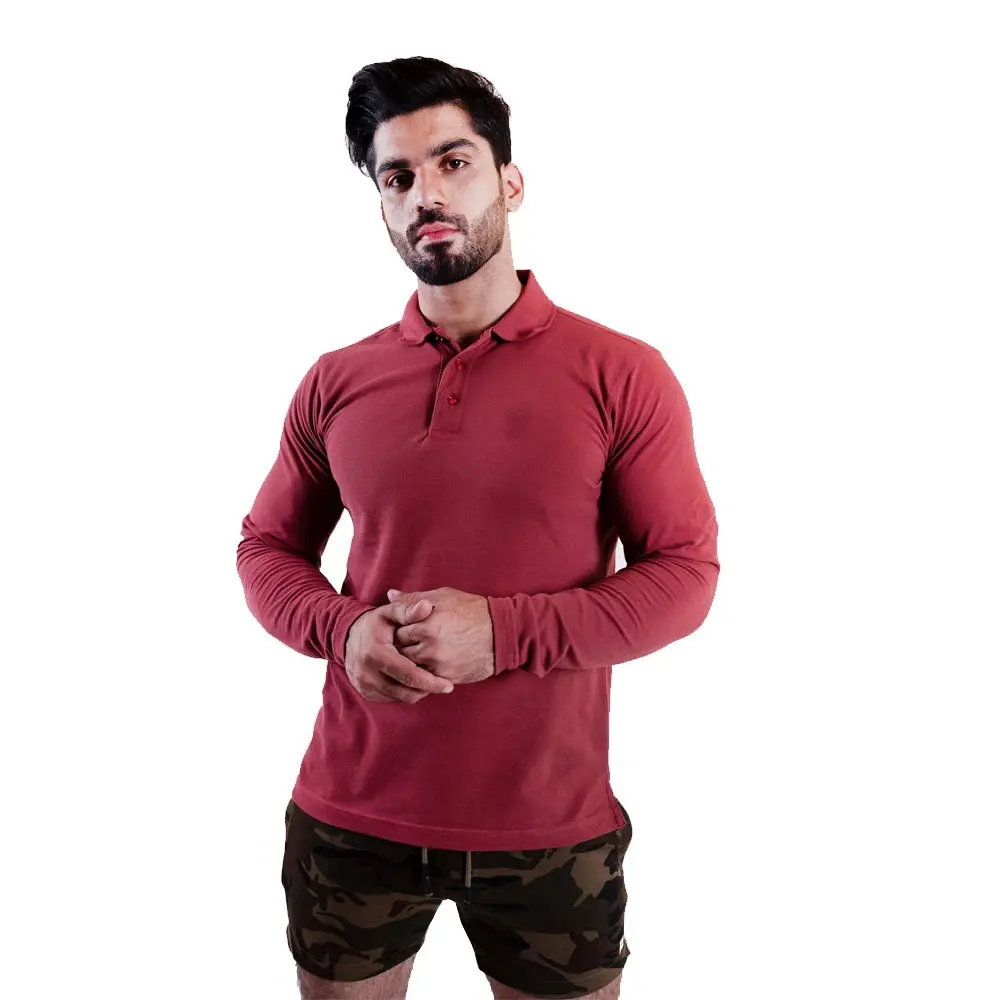 उच्च गुणवत्ता वाले पुरुष मैरून रंग 100% कॉटन ब्लैंक लंबी आस्तीन स्लिम फिट पोलो टी शर्ट बिक्री के लिए पुरुषों के लिए अनुकूलित टी शर्ट