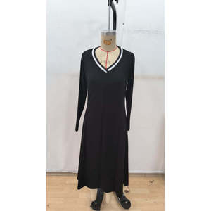 Vestido Midi Modal Verde Claro con Cuello en V y Manga Larga para Mujer, 29516 - Negro - Product Image 5