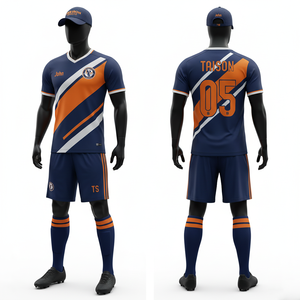 Conjunto de Uniforme de Fútbol para Hombre, 150 GSM, Poliéster que Absorbe la Humedad, Jersey y Pantalones Cortos con Paneles Azul Lima y Verde, Logotipo Personalizado por Sublimación - Product Image 2