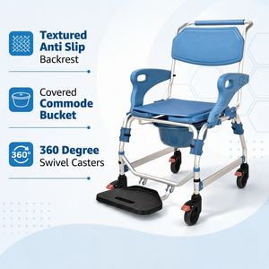 Chaise de toilette médicale robuste en aluminium avec roulettes, avec seau, accoudoirs rabattables et repose-pieds, certifiée CE - Product Image 1