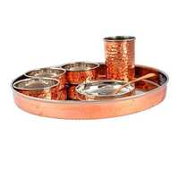 Service de table Thali traditionnel en cuivre et acier inoxydable, design moderne avec incrustations dorées, écologique, compatible lave-vaisselle, personnalisable