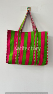 สำหรับกระเป๋าผ้าใบสะพายไหล่ขนาดใหญ่ลายทางสีชมพูสีเขียวสไตล์แฟชั่นที่เป็นมิตรกับสิ่งแวดล้อมสำหรับใช้ในชีวิตประจำวันสำหรับช้อปปิ้งชายหาดในฤดูร้อน - Product Image 3