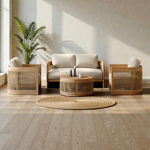 Canapé de salon contemporain en teck massif moderne, chaise avec coussin en tissu tissé en corde, design ergonomique écologique pour hôtel - Product Image 6