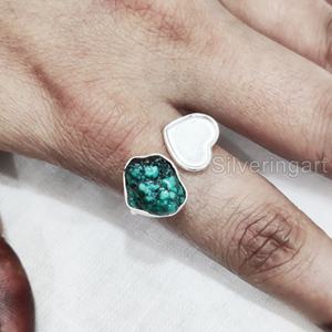 Joyería de piedra en bruto, anillo de mujer, turquesa Natural piedra preciosa, piedra natal de diciembre, anillo ajustable con corazón, anillo de Plata de Ley 925 - Product Image 2