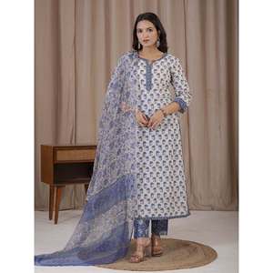Ensemble Kurta Anarkali et pantalon blanc et bleu imprimé à la main, style ethnique indien en tissu filet, pour filles, idéal pour les fêtes - Product Image 3