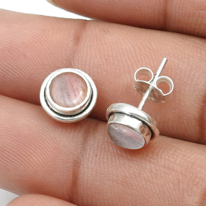 Precio al por mayor de alta calidad, Plata de Ley 925, piedras preciosas de Rodocrosita Natural, pendientes de tuerca de forma redonda, joyería hecha a mano de La India - Product Image 4