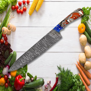 Couteau de chef en acier Damas écologique fait à la main, manche en bois de rose, lame à pointe clip, bord dentelé - Personnalisable OEM pour la découpe - Product Image 4