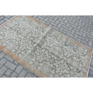 Tapis en laine turque vintage de 3.8x6,7 pieds, tissage plat en patchwork beige et vert avec support en latex pour décorations de salon - Product Image 4