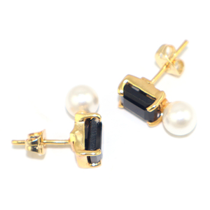 Antique Fashion Black Onyx Freshwater Pearl Gemstone Rectangle Shape 18k Gold Plated <b>Stud</b> <b>Earring</b> Lite Weight Brass Wholesale - Product Image 1