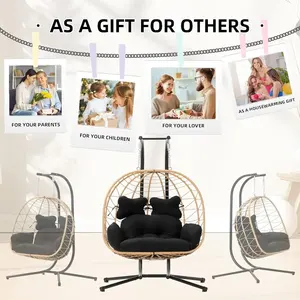 Double chaise en osier intérieure/extérieure balançoire à oeufs hamac pliable causeuse <span class=keywords><strong>suspendue</strong></span> avec support, balcon, <span class=keywords><strong>jardin</strong></span> (jaune et noir) - Product Image 5