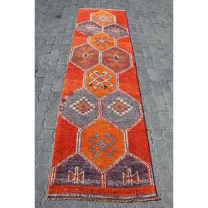 Herki Vintage Rug, 2.7x9.7 ft Turkish Rug, <b>Red</b> Polka dot <b>Wool</b> Rug - Product Image 1