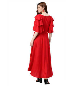 Vestido Étnico Anarkali Bordado de Rayón para Mujer, Largo hasta la Pantorrilla, Cuello Redondo, Manga Media Acampanada, Ropa Tradicional para Ocasiones Especiales, Color Rojo - Product Image 3