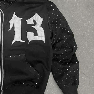 Sudadera con capucha personalizada con cremallera y diamantes de imitación para hombre 500 GSM Heavyweight 100% algodón bordado desgastado Sudadera con capucha de mezcla de algodón - Product Image 4