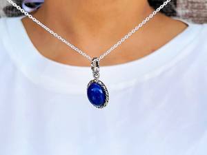 Collier Pendentif Lapis Lazuli En Argent Sterling 925 Pierre Précieuse Ovale - Product Image 2