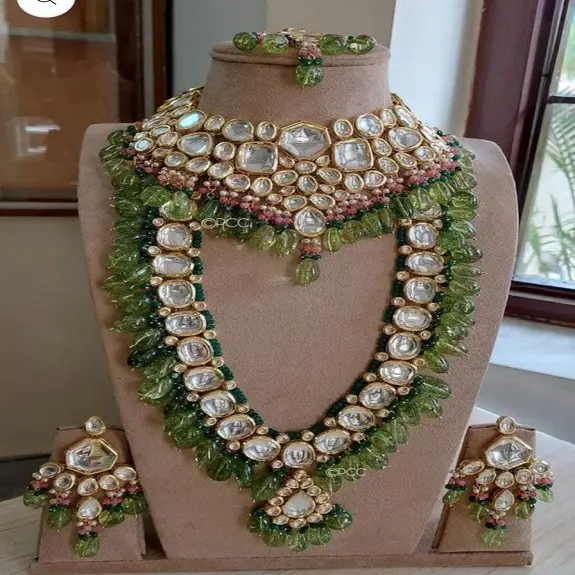 Kundan colar de jóias verdes, conjunto de gargantilha étnica pesada com brincos de marcação e para mulheres