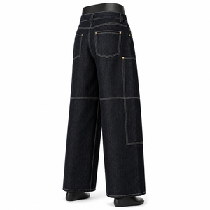 Jeans en denim noir à jambes larges sur mesure, pantalon cargo ample de haute qualité avec surpiqûres contrastées - Product Image 3
