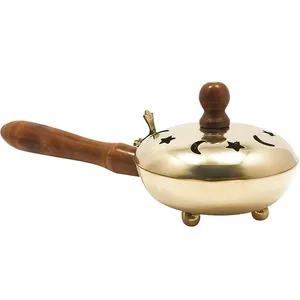 Top Selling Pure Metal Brass Bakhoor Burner With Wood Handle Unique Piece Incense Burner With Lid Star Cutting Design Gold Color