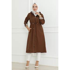 Manteau trench long à capuche et fermeture éclair pour femme, couleur beige, tissu tissé, doublure 100% coton, rembourrage en coton, usage quotidien, Mega Merchant 19205 - Product Image 1