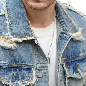 Chaqueta de Mezclilla para Hombre, 100% Algodón, Estilo Vintage, Desgastada, con Bordes Deshilachados, Botones al Frente, Manga Larga, Casual, para Primavera y Otoño - Product Image 5