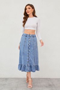 Hot-Sell Long Denim Droit Hip Wrap Jean Maxi Jupe Y2K Style avec Logo de taille à motif solide pour l'été, l'automne et le printemps - Product Image 2