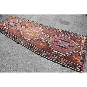Alfombra Kilim Vintage de 39X118 pies, diseño de retazos marrón y rosa, Alfombra de yute de lana tejida plana para el hogar, sala de estar, pasillo rectangular - Product Image 2